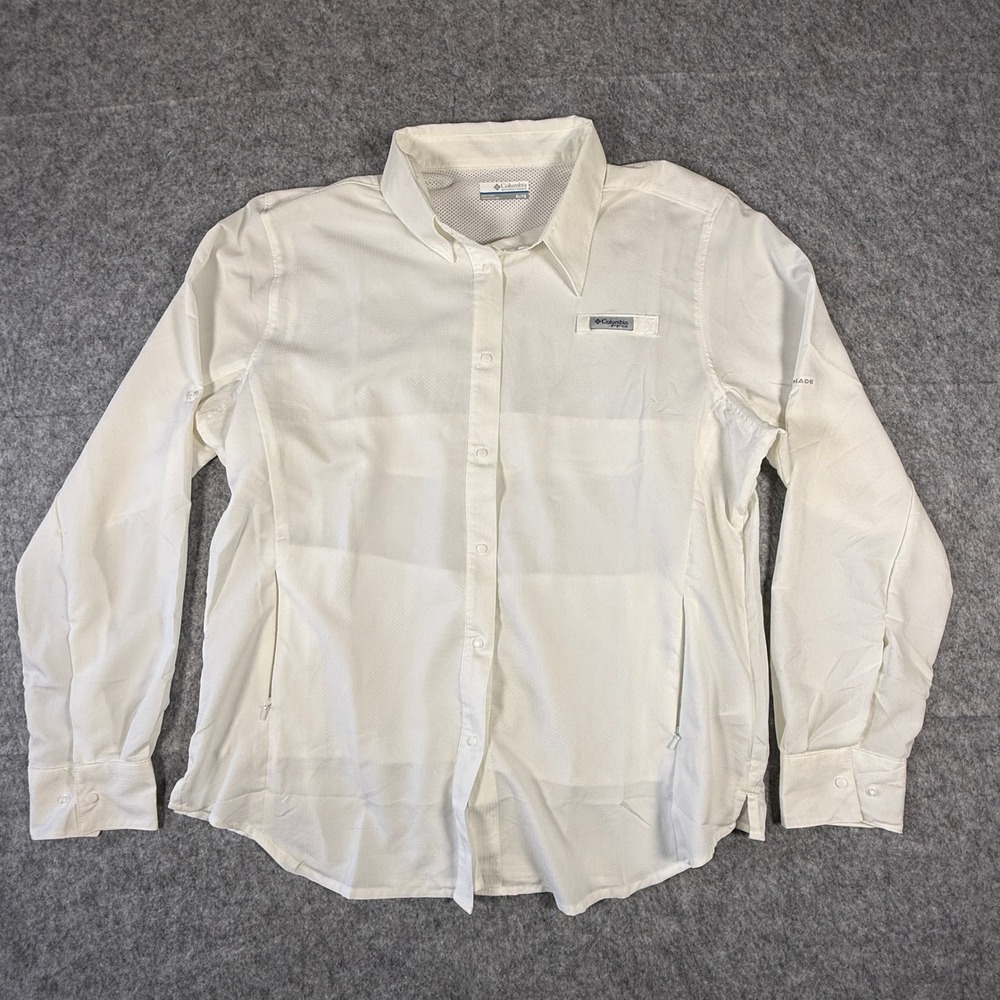 Columbia PFG Fishing Shirt Women XL White Omni-Shade Vented Long Sleeve Top